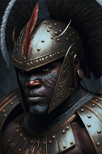 AI generated illustration of warrior portrait in shining armor with painted face, Papua ,New Guinea