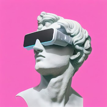 Ai generated male sculpture with VR headsets on a pink background