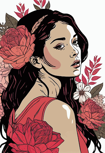 AI generated - Vector illustration of an attractive female with flowers in her hair