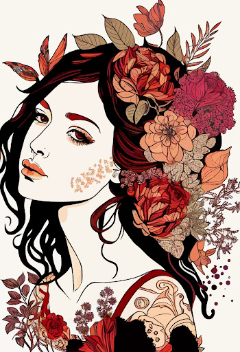 AI generated - Vector illustration of an attractive female with flowers in her hair