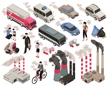 Air pollution in city isometric set with industry symbols isolated Free Vector