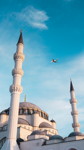 Airliner in Mid Air Above Temple