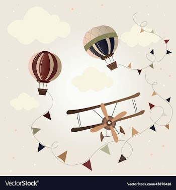 airplane and balloons with a basket among