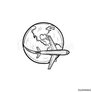 Airplane flying around the world hand drawn outline doodle icon