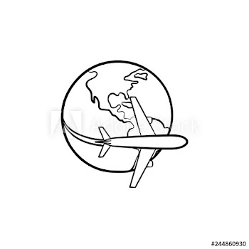 Airplane flying around the world hand drawn outline doodle icon