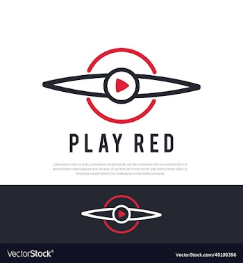 airplane propeller line logo red play symbol