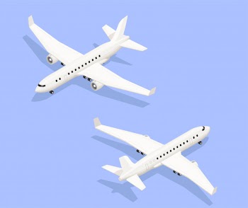 Airport isometric composition with isolated images of jet propelled aircraft from two different angles with shadows vector illustration Free Vector