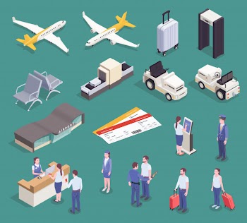 Airport isometric set with isolated images of buildings vehicles appliances and characters of passengers and crew vector illustration Free Vector