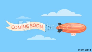 Airship flying in the sky with a coming soon message