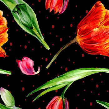 Amazing red tulip flowers with green leaves. Hand drawn botanical flowers. Watercolor background illustration. Seamless pattern. Fabric wallpaper print texture.