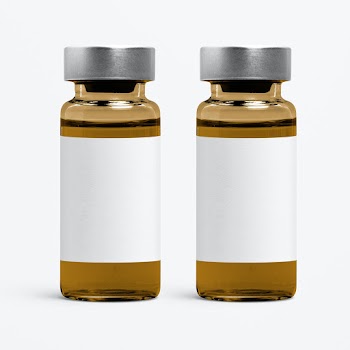 Amber injection vial glass bottle with blank white label