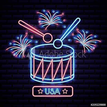 american independence day big drum playing many fireworks vector illustration