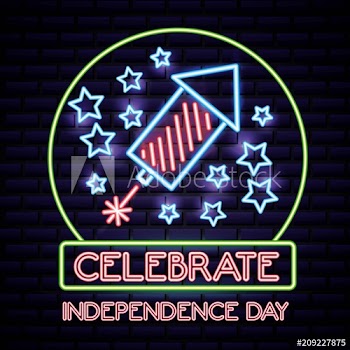 american independence day celebrate usa date neon rocket stars vector illustration