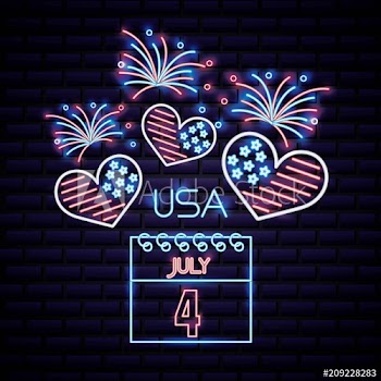 american independence day hearts with usa flag fireworks neon calendar july vector illustration