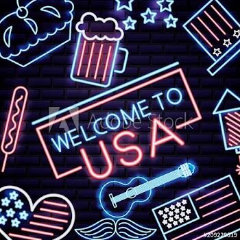 american independence day welcome to usa neon guitar music beer heart vector illustration