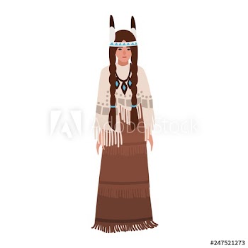 American Indian woman with braids wearing traditional ethnic clothes or national tribal costume decorated by fringe