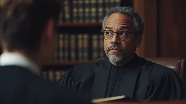 American judge in modern law office listening to man reading aloud