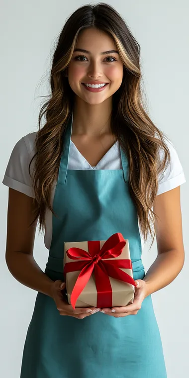 American woman in blue apron holding gift box with red bow, smiling