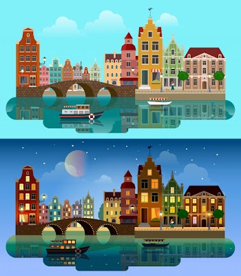 Amsterdam holland day and night cityscape flat vector illustration. buildings over river with boat. Free Vector