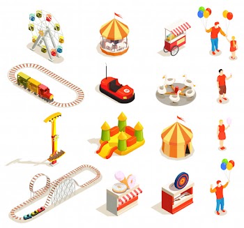 Amusement park attractions and visitors isometric icons set isolated on white  3d Free Vector