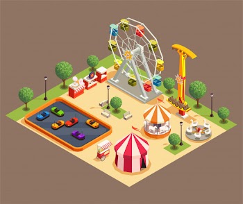 Amusement park colorful composition with circus and various attractions 3d isometric Free Vector