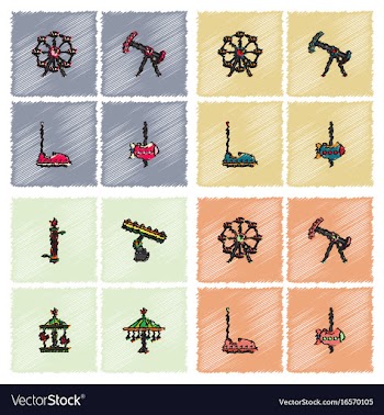 Amusement park icons in hatching style vector image