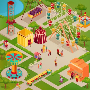 Amusement park with circus and various attractions street food adults and kids isometric illustration Free Vector
