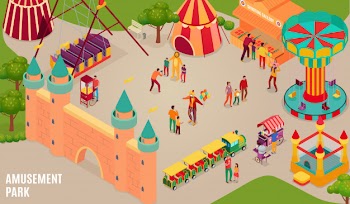 Amusement park with circus artists and visitors carousel bouncy castle and shooting gallery isometric horizontal illustration Free Vector