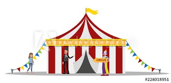 Amusement park with circus tent and clowns