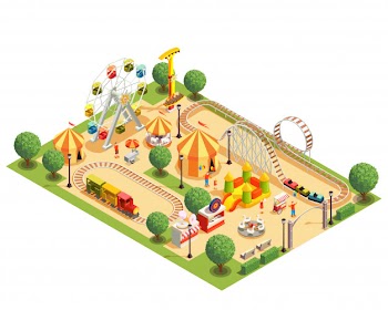 Amusement park with roller coaster carousels ferris wheel tents isometric composition on white  3d Free Vector