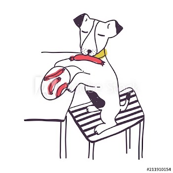 Amusing dog stealing sausage or food from table