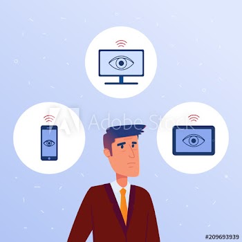 An anxious man surrounded by devices with his personal data
