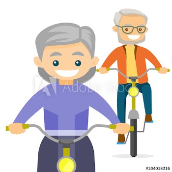 An old couple riding bikes