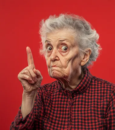 an old woman making the middle finger sign