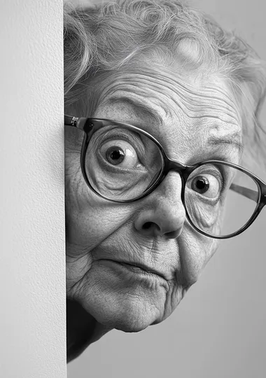 an old woman wearing glasses peeking out from behind a wall