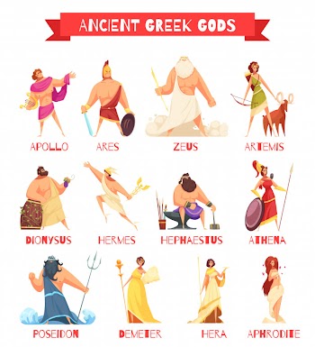 Ancient greek gods 12 strip cartoon figures set with zeus poseidon hera hermes athena isolated Free Vector