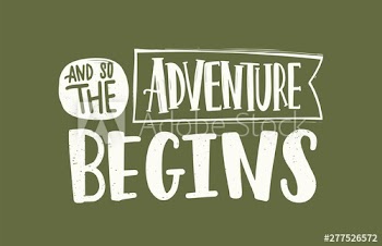And So The Adventure Begins slogan, message or phrase written with elegant cursive calligraphic font on ribbon