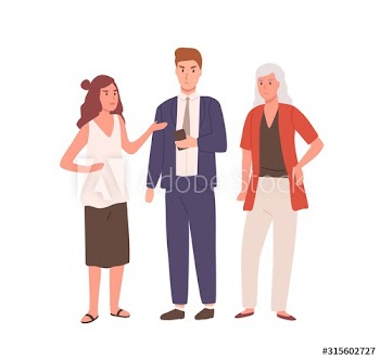 Angry cartoon people standing and look in smartphone vector flat illustration