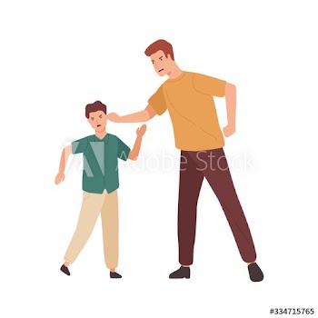 Angry father holding teenage son by ear vector flat illustration