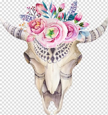 Animal horn painting, T-shirt Skull Flower Boho-chic Illustration, Bohemian watercolor painted bones Sheepshead ethnic pattern transparent background PNG clipart