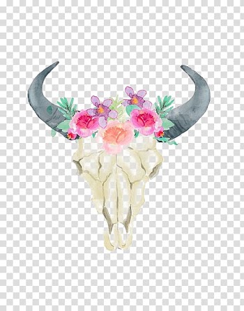 Animal skull floral , Cattle Wedding invitation Bull Horn Printing, Sheep skull transparent background PNG clipart