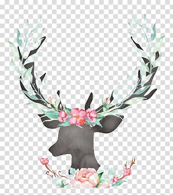Animal with pink and teal flowers , Reindeer Antler Deer horn, deer transparent background PNG clipart