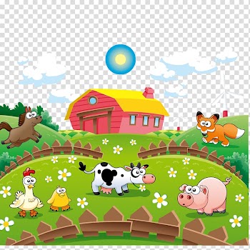 Animals near house illustration, Cattle Cartoon Farm Illustration, Cute Animal Farm transparent background PNG clipart