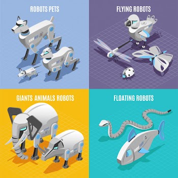 Animals robots concept 4 colorful  isometric icons square with automated pets insects fish snake Free Vector