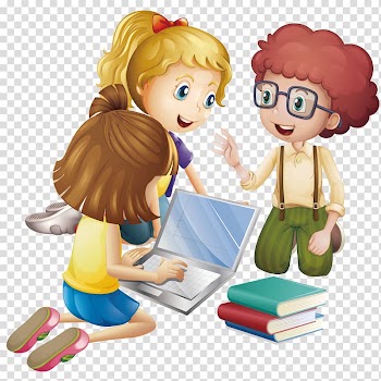 Animated girl using laptop, Student Cartoon Learning Education, Pupils discuss learning transparent background PNG clipart