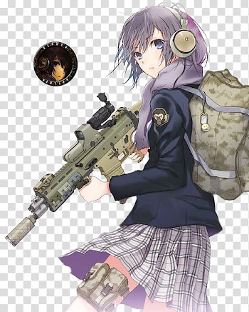 Anime Girl with gun render, female purple hair anime character holding assault rifle transparent background PNG clipart