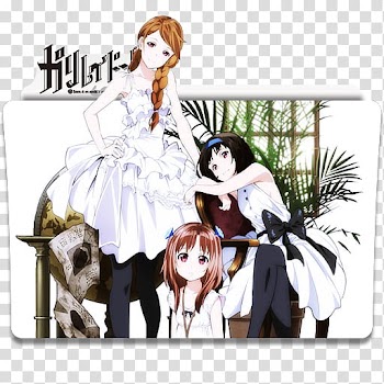 Anime Icon , three black, brown, and blonde haired female anime character beside green plant illustration transparent background PNG clipart