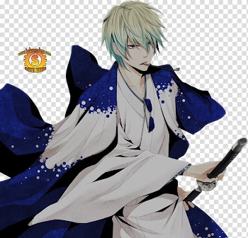 Anime Render , male anime character wearing white and blue kimono with sword transparent background PNG clipart