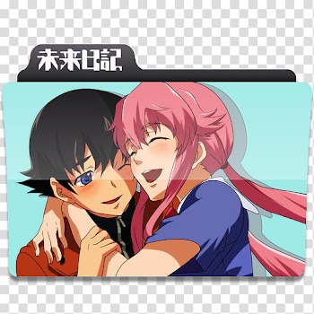 Anime Request folder icons, MiraiNikki, pink-haired female character hugging man anime folder illustration transparent background PNG clipart