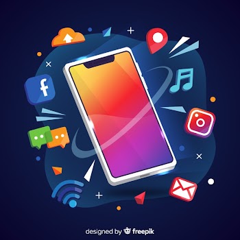 Antigravity mobile phone with elements Free Vector